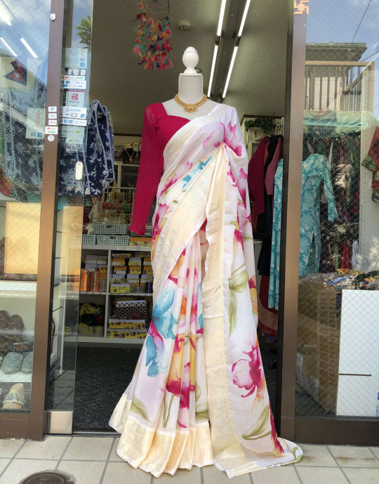 Handwork Floral Print Silk Saree
