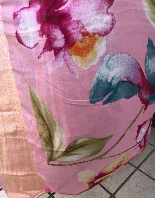 Floral Print Handwork Chinon Saree